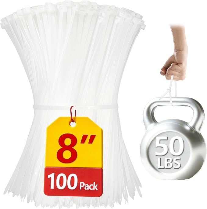 Clear Zip Ties Heavy Duty 8 Inch(100 Pack), 50lb, White Cable Ties, Zipties | Made of Premium Plastic Nylon, UV Resistant & Weatherproof, Ideal for Indoor & Outdoor Wire Ties & Electrical Cord Management