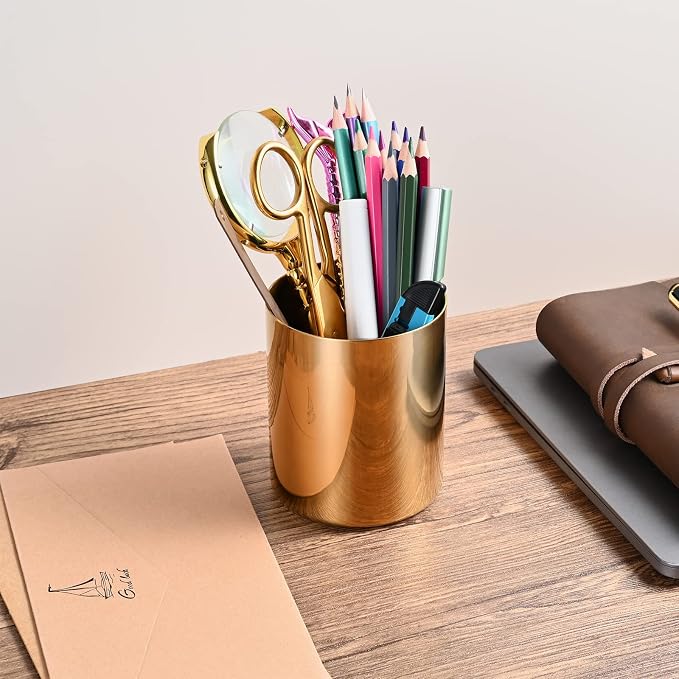 Golden 304 Stainless Steel Pen Holder & Pencil Cup, Metal Desk Caddy & Desktop Stationery Organizer, Mirror Finish & Vacuum Plating(2-Piece Set)