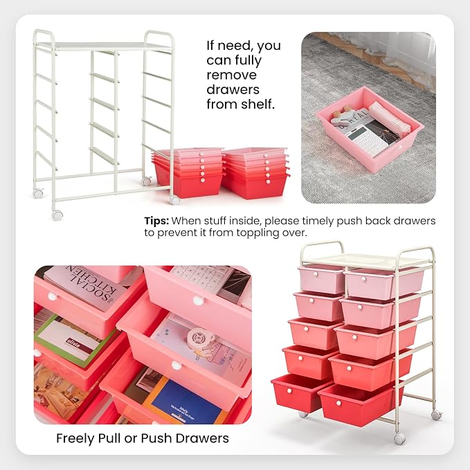 Moccha 10-Drawer Rolling Storage Cart - Under Desk Storage Drawers with wheels for Craft Art Supply Paper Salon, Scrapbook Paper Tools, Mobile Utility Cart for Classroom, Gradient Pink