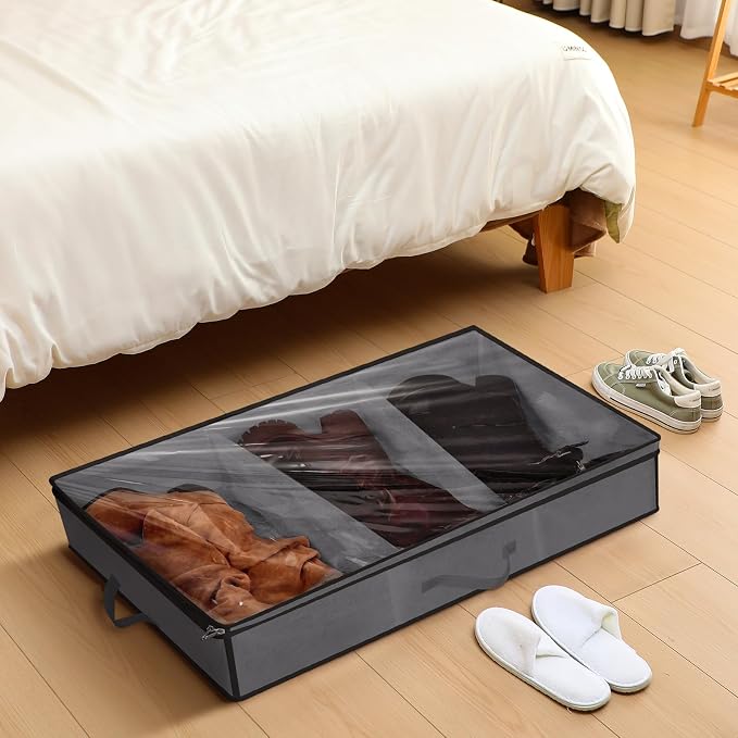 SATINIOR 3 Pcs 3 Section Under Bed Shoe Storage Boot Bag Grey and Black Underbed Shoe Organizer with Large Clear Pockets Fabric for Storage Men's and Woman's Boots