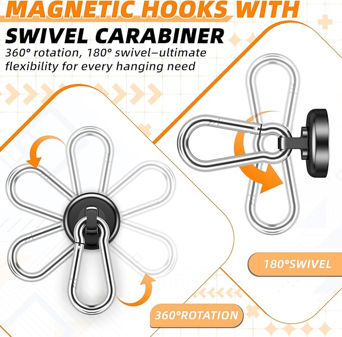 FINDMAG 10Pack Magnetic Hooks with Swivel Carabiner, 70LBS Neodymium Magnet Hooks Heavy Duty, Strong Magnetic Hooks for Hanging Magnet with Hook for Kitchen, School, Warehouse, Home
