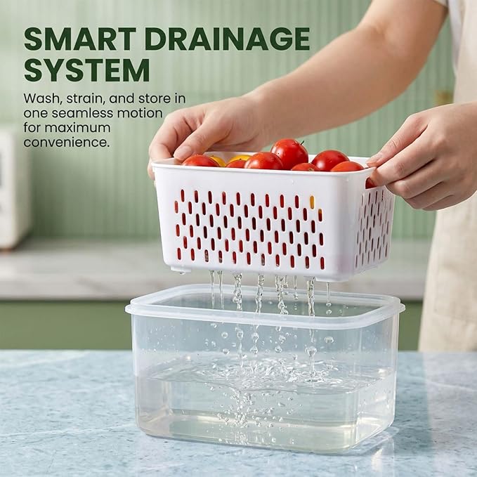 Fruit Storage Containers for Fridge with Removable Colander, Airtight Produce Storage Containers with Lids, Fridge Organizers and Storage for Berry, Fruit, Vegetables, Salad & Meal Prep (Gray, L)