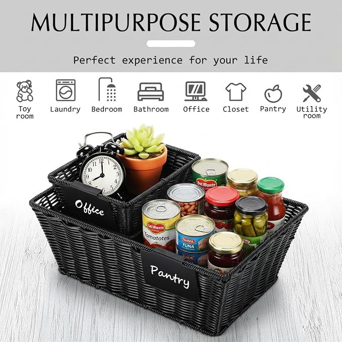 Marsui 6 Pcs Wicker Storage Baskets for Pantry Organization with Labels Handwoven Multi-size Black Wicker Storage Bins for Organizing Small Baskets Container for Shelves Closet Toilet