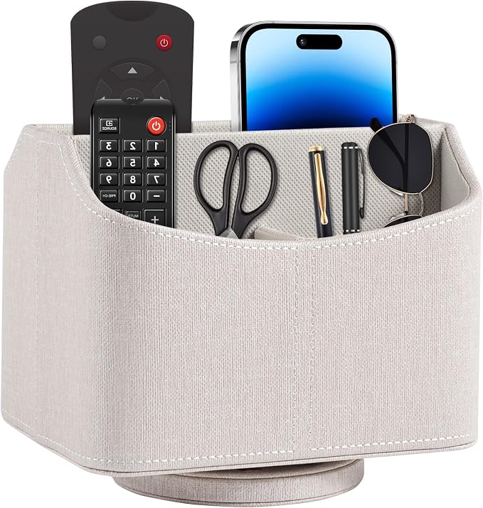 Leather Remote Control Holder 360 Degree Spinning,Desk Rotating Organizer/Caddy for TV Remote Controllers,Pen,Calculator Media Player,DVD,Office Supplies,Mobile Phone Storage Box (Beige)