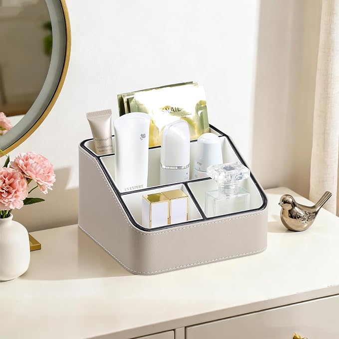 PU Leather Remote Control Holder, Nightstand Organizer with 4 Compartments | Luxury Desk Caddy with Velvet Lining, Small Desk Organizer for Living Room, Bedroom, Bedside, End Table, 6.8" x 6.7" x 4"