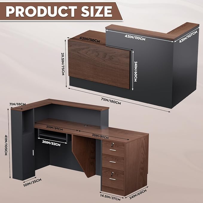 Ceridwen L-Shaped Large Wooden Reception Desk, Modern Front Desk Reception Counter with Lockable Drawers, Storage & Keyboard Tray for Office Lobby Checkout (Left-Brown + Black, 71''L x 34''W x 41''H)