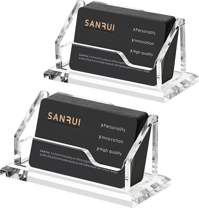 SANRUI 2 Pack Acrylic Business Card Holders for Desk, Premium 5mm Thick Clear Card Display Stand, Professional Horizontal Desktop Card Organizer for Office & Reception, Holds Up to 60 Cards