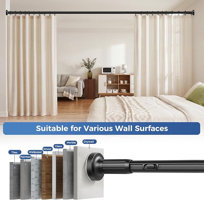 ALLZONE Adjustable Tension Curtain Rod, 40-121 inches, Heavy Duty Curtain Rods No Drilling, Anti-Slip Tension Rod for Window, Shower, Outdoor & Patio, Easy to Install, 1.26In Diameter, Black