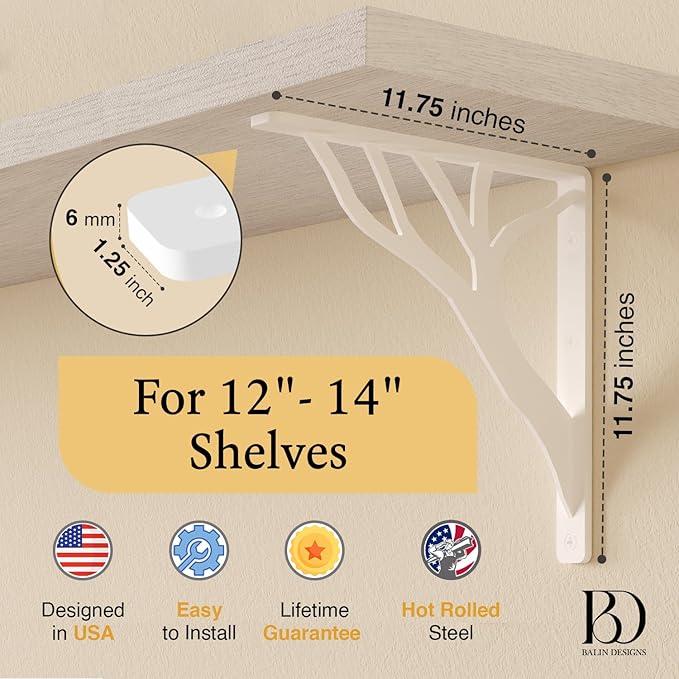 Rustic Tree White Heavy Duty Shelf Brackets 12 inch by Balin Designs, Decorative L Brackets, Iron Metal Floating Shelf Bracket, Wall Mount Shelving Bracket, Included Hardware, Set of 2