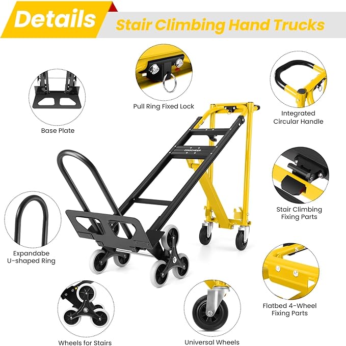4-in-1 Hand Truck Dolly Heavy Duty Industrial Convertible, 1000 LBS Stair Climbing Cart Utility Cart Converts from Hand Trucks Dolly to Platform Cart Folding Stair Climbing Cart (Yellow)