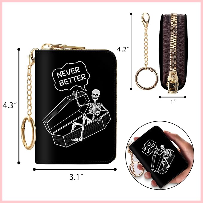 Blusabaca RFID Credit Card Holder Small Women Travel Wallet, Funny Skull | Removable Keychain, Case with Zipper, Vegan PU Leather, Cash Coin Pocket, Business Accordion Purse, Ladies Female Gift