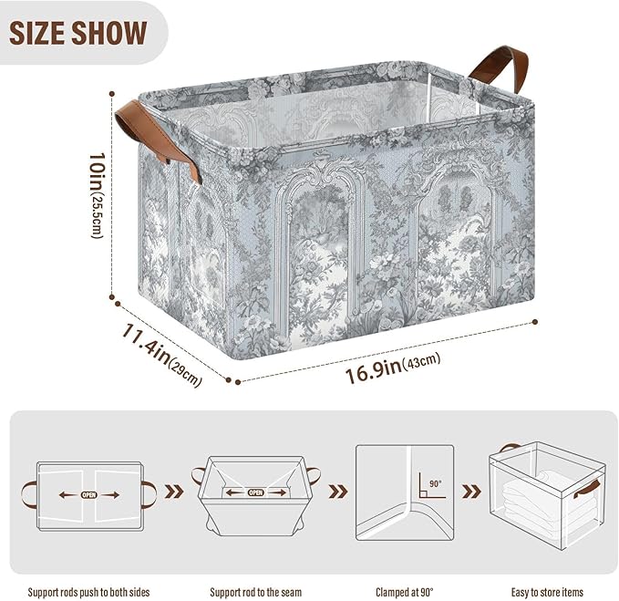 Vintage French Floral Classic Blue Storage Basket Foldable Cube Storage Bins with Handles&Labels Collapsible Organizer Box Bin Large Rectangle Decorative Baskets for Shelves Home Room Laundry-2 PC