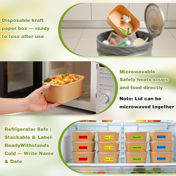 60 Packs 29oz Disposable Meal Prep Containers with Lids, Leak-Proof Microwave/Freezer Safe Food Prep Containers with Utensils & Labels, Sturdy Kraft Paper Bowls for Weekly Meal Prep, Lunch & Leftovers