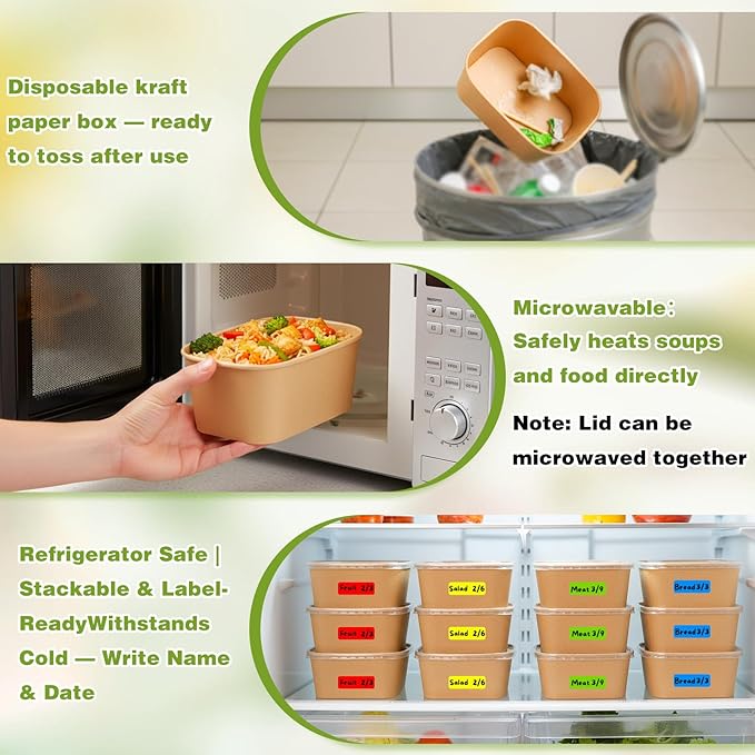 60 Packs 35oz Disposable Meal Prep Containers with Lids, Leak-Proof Microwave/Freezer Safe Food Prep Containers with Utensils & Labels, Sturdy Kraft Paper Bowls for Weekly Meal Prep, Lunch & Leftovers