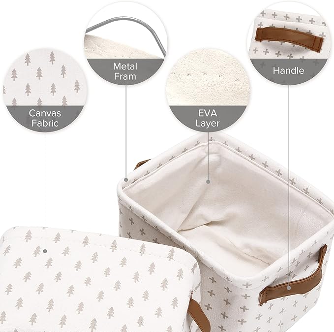 Sea Team Collapsible Small Canvas Fabric Storage Basket with Handles, Square Mini Storage Box, Cube, Foldable Shelf Basket, Closet, Desk Organizer for Nursery, Home, Office (Grey, Set of 4)