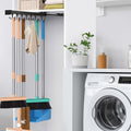 Pull Out Broom Holder With Adjustable Double Row Sliding Hook-Black 16.14in | High Load Capacity, Multifunctional Slide Broom And Mop Storage/Garage Organization Hooks, for Closet Laundry, kitchens