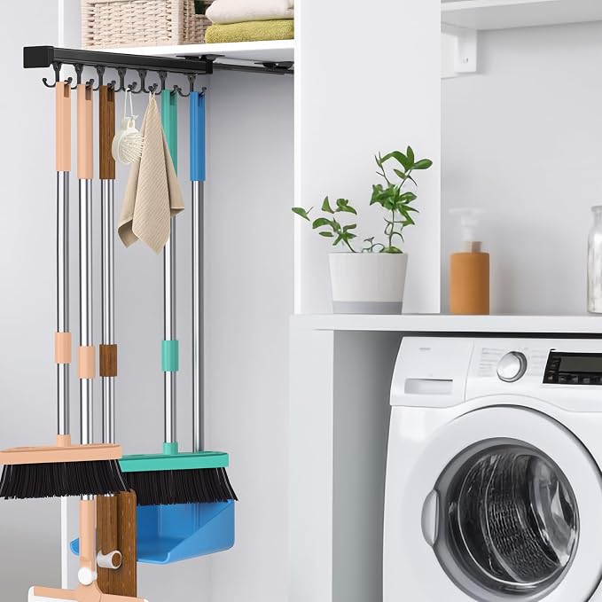 Pull Out Broom Holder With Adjustable Double Row Sliding Hook-Black 16.14in | High Load Capacity, Multifunctional Slide Broom And Mop Storage/Garage Organization Hooks, for Closet Laundry, kitchens