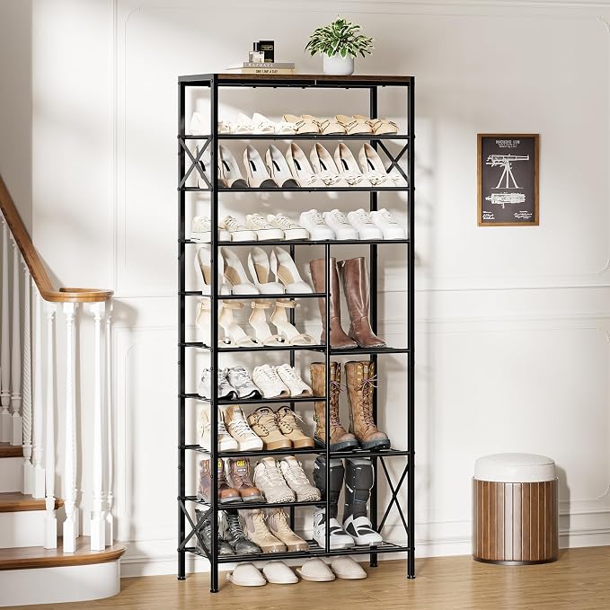 10-Tier Shoe Rack, Shoe Storage Organizer with Boots Storage, Large Capacity Shoe Shelf Holds 27-30 Pairs of Shoes, Durable and Stable, for Entryway, Closet, Hallway, Dorm Room, Rustic Brown