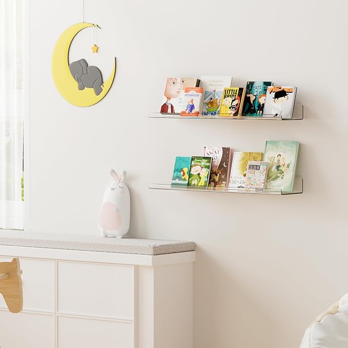 upsimples 23.6" Acrylic Shelves for Wall Storage and Organizer, 2 Pcs | Extended Shelf for Picture, Skincare, Perfume, Bag, Kitchen Spice Rack, Kids Bookshelf, Invisible for Displaying, Room Décor