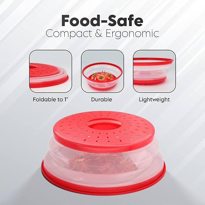 Microwave Cover for Food, Collapsible Microwave Splatter and Plate Covers Easy Grip Lid and Food Strainer, BPA Free and Dishwasher Safe, 10.5", Red - By Rampro