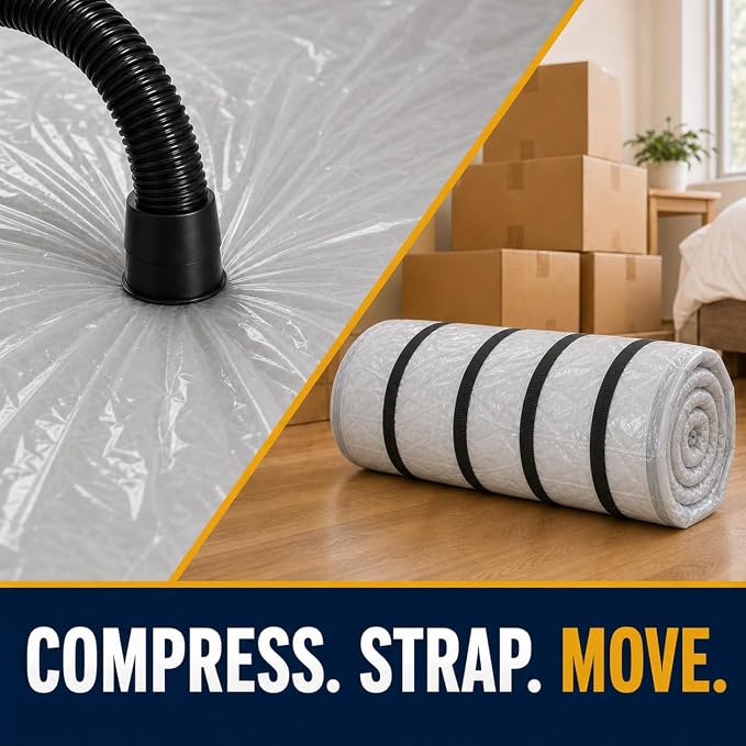 Memory Foam Mattress Vacuum Bag for Moving and Storage, Heavy-Duty Mattress Compression Bag with Adjustable Compression Straps and Dual-Zip Seal (King/Cal-King)