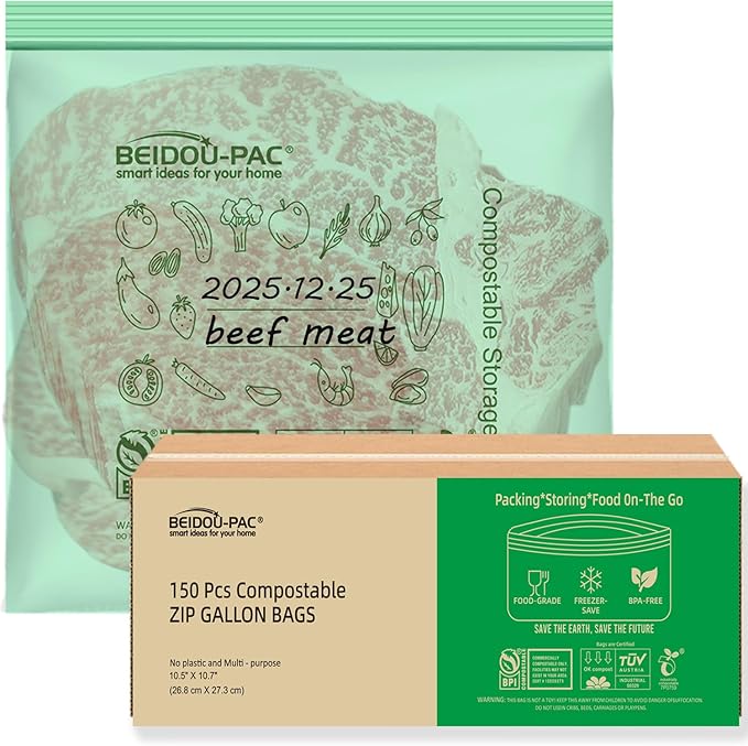 BEIDOU-PAC Compostable Gallon Food Storage Freezer Bags, 150 Count | 2 Mil | 10.5" * 10.7", Freshness Easy Open Biodegradable Eco-Friendly Reclosable Compost Zippper Bags