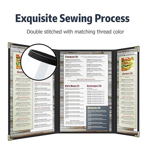 Goodsmart Restaurant Menu Covers – 25 Pack Black 6 Views Trifold, Side-Loading Menu Holders, Vinyl & Plastic Menu Covers, Clear Menu Sleeves, 8.5" x 14" & 4.25" x 14", Café Style with Gold Corners