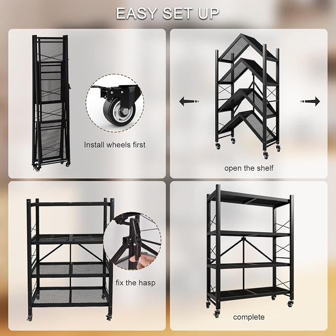 Folding Shelves with Wheels No Assembly, Foldable Metal Shelf Storage Rack for Kitchen, Garage, Vendor Display Events (4-Tier)
