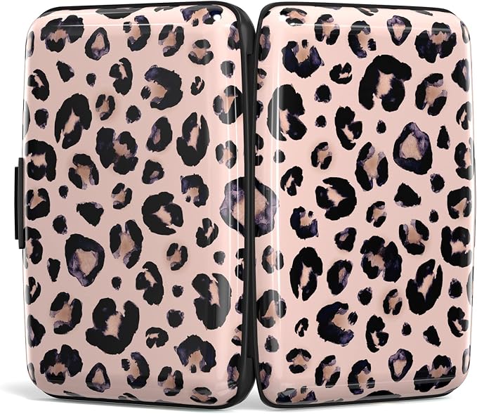 Credit Card Holder, Mini Aluminum Card Wallet RFID Blocking Slim Metal Hard Card Case for Women Men, Pink Leopard