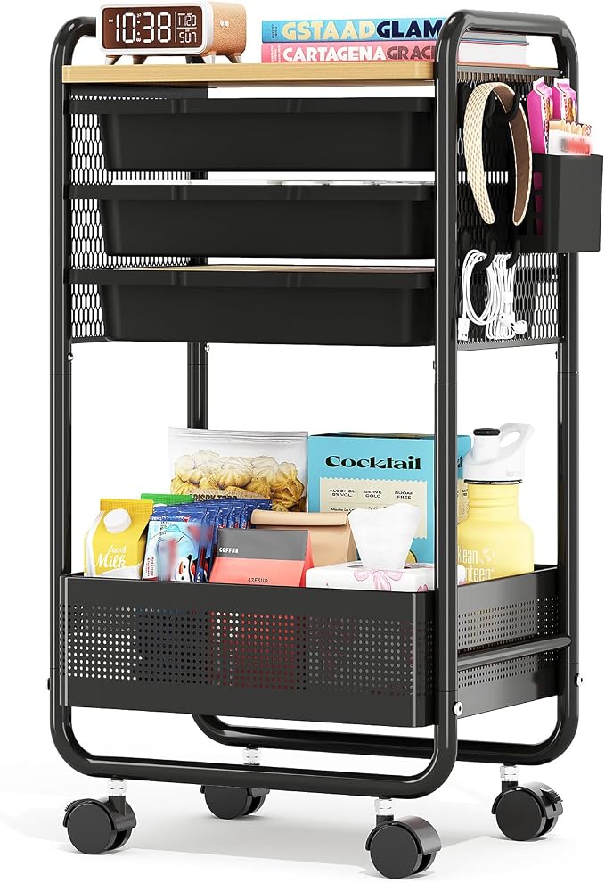 Metal Rolling Storage Cart with 3 Drawers - Utility Cart on Wheels with Pegboard & Wood Tabletop, Multifunctional Trolley Organizer with Hooks & Bin for Living Room,Bedroom,Craft Room,Office,Kids Room