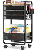 Metal Rolling Storage Cart with 3 Drawers - Utility Cart on Wheels with Pegboard & Wood Tabletop, Multifunctional Trolley Organizer with Hooks & Bin for Living Room,Bedroom,Craft Room,Office,Kids Room