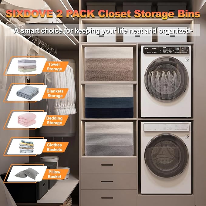 Storage Baskets for Organizing, Large Woven Basket for Shelves, Toy Basket with Handles,Closet Storage for Blanket Living Room, Bedroom, Nursery, 15.8" x 11.8" x 11.8", 2 Pack