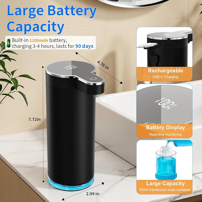 Automatic Foaming Soap Dispenser, Touchless Rechargeable Soap Dispenser for Kitchen & Bathroom, Stainless Steel, 4 Adjustable Foam Levels, USB-C, Waterproof, 12oz/350ml(Black)
