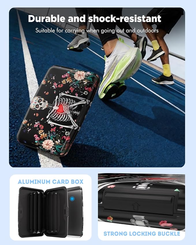 Maicican RFID Blocking Aluminum Credit Card Holder | Slim Metal Wallet for Women & Men, Business Card Case for Travel, Fits Front Pocket, Card holder wallet - Flower Skull