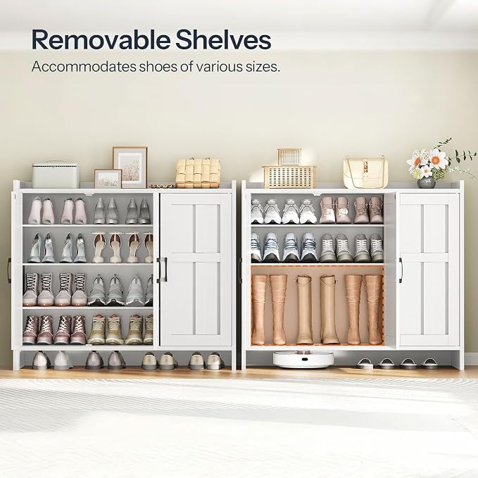 HOOBRO Shoe Cabinet Storage for Entryway, Set of 2, Wooden Shoe Organizer Cabinet with 3 Doors, 42.1" Freestanding Shoe Cabinet Storage for Closet, Large Capacity, White WT01SCP201