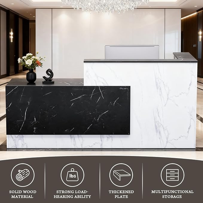 Ceridwen L-Shaped Large Wooden Reception Desk, Modern Front Desk Reception Counter with Lockable Drawers, Storage & Keyboard Tray for Office Lobby Checkout (Left-Black & White, 71''L x 42''W x 41''H)