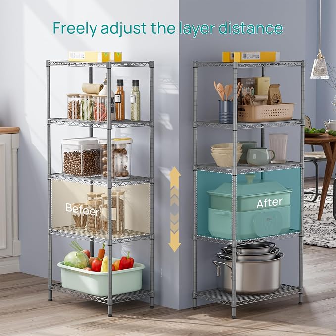 SINGAYE 5 Metal Shelves Wire Shelving Storage Shelf Adjustable Unit Pantry | 5 Tier Kitchen Laundry Room Organization Home Pantry Closet Bathroom Organizers Garage Rack 14" D x 24" W x 59.5" H Gray