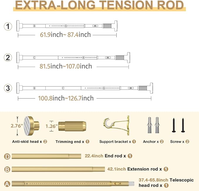 Gold Tension Curtain Rod 41-126In(4-10Ft), Long Outdoor Curtain Rod No Drilling for Window or Patio, Heavy Duty Shower Rod for Bathroom,Rod Diameter 1.26In-One-bond stretching