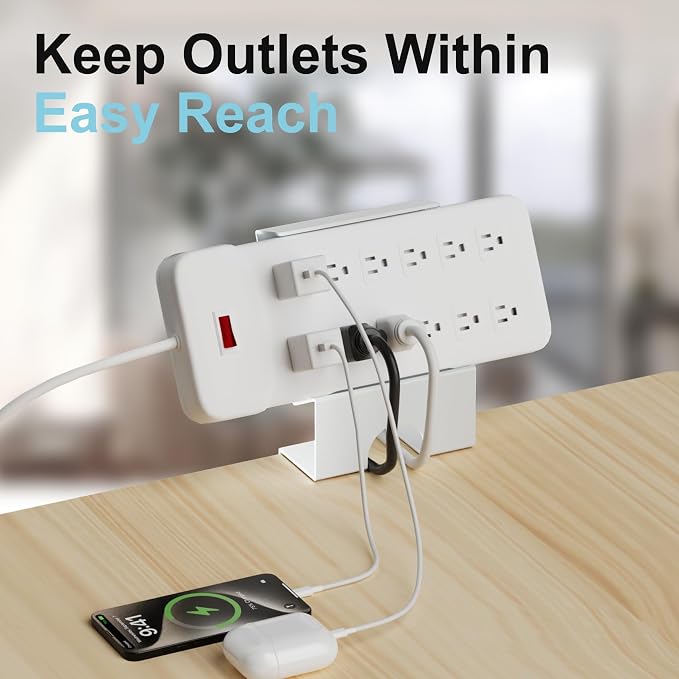 Power Strip Holder (4 Pack), No-Drill Clamp Mount for Power Strip, Under Desk Power Strip Holder, Fits 2"-4" Surge Protectors, for Desk Edge 0.2-2.56" (White)