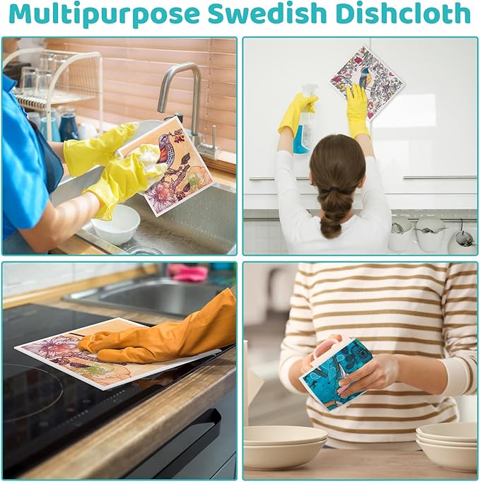 Needbrock 6 Pack Swedish Dishcloths for Kitchen, Swedish Rags Absorbent Retro Bird Dish Cloths Dish Towels with Adhesive Clips, Reusable Paper Towels No Odor for Countertop Dishes Kitchen