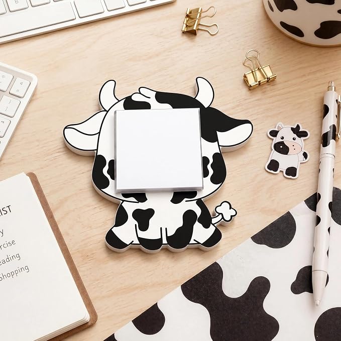 Dairy Cow Sticky Note Holder Large Wood Notepad Dispenser 3 x 3 Sticky Notes Organizer Cute Self Stick Memo Pad Holder for Desk Back to School Gift Western Office Decor, No Pads Included