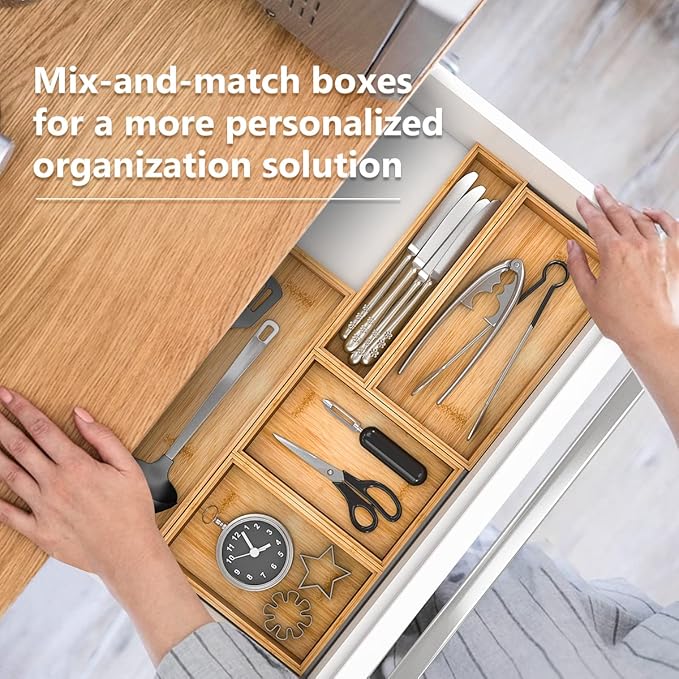 Bamboo Kitchen Drawer Organizer 9"x 6", Wooden Stackable Silverware Tray | Utensil Organizer Cutlery Holder for Kitchen, Wooden Storage Box for Bathroom, Multi-Use Storage Bins Dividers for Office