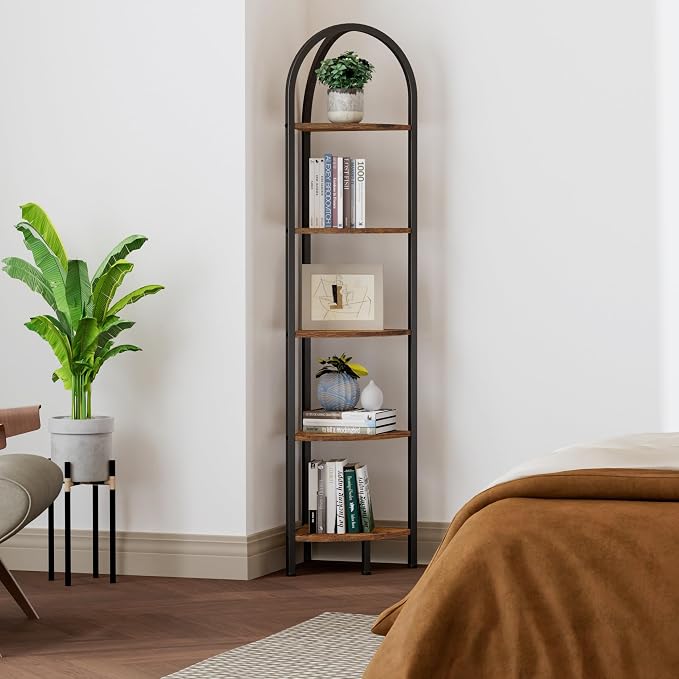Homhedy 5-Tier Arched Corner Shelf Stand, Wall Corner Bookshelf | Metal Frame, Plant Stand, Industrial Storage Rack Shelf for Living Room, Bedroom, Office, Bathroom, Rustic Brown