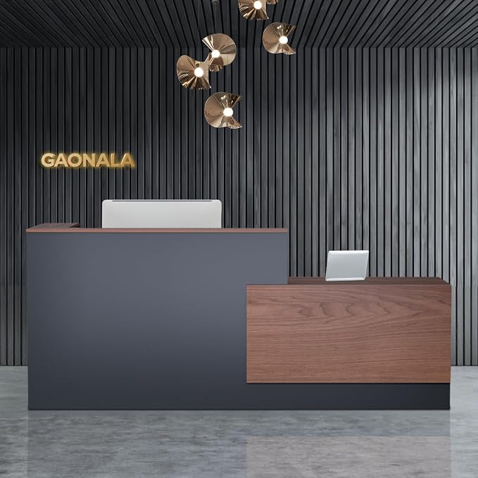 L-Shaped Large Wooden Reception Desk, Modern Front Desk Reception Counter with Lockable Drawers, Storage & Keyboard Tray for Office Lobby Checkout (Right-Brown + Black, 87''L x 42''W x 41''H)