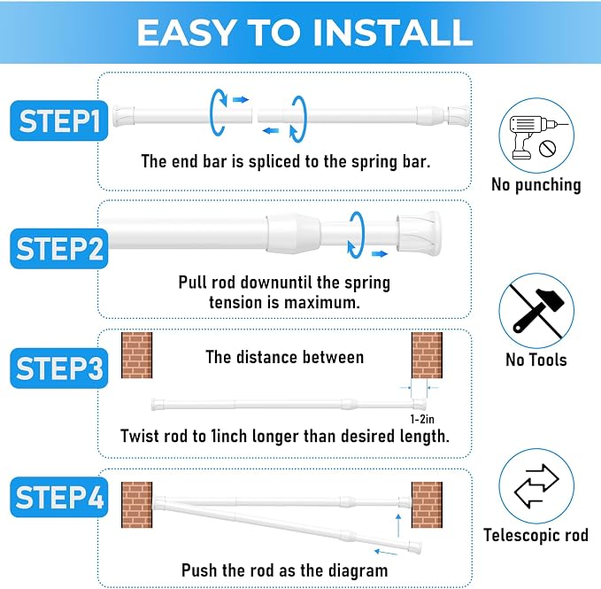 2 Pack Spring Tension Curtain Rod 28 to 39 inch, Adjustable Curtain Rods No Drilling Spring Curtain Rods Extendable Pressure DIY Tension Rod for Window Closet Kitchen, White