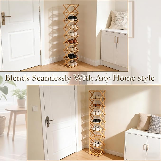 VOGUZY Foldable Shoe Rack, Tier No-Assembly Bamboo Rack, 2026 New Portable Bamboo Corner Shoe Rack, Multifunctional Narrow Shoe Shelf for Entryway, Closet, Corner, Bedroom (6 Layers)