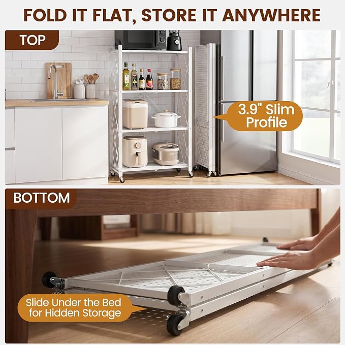 ALANNG 4 Tier Folding Storage Shelf on Wheels,Heavy Duty Metal Rolling Cart | 264 lbs Capacity, No Tools Assembly, Folds to 3.9", Lockable Casters, Portable for Kitchen Laundry Garage