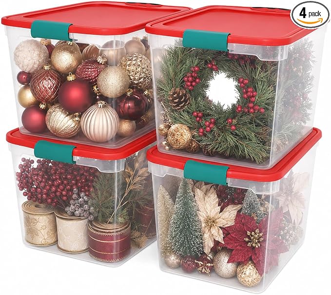 HOMZ 4-Pack Holiday Tote, Plastic Storage Organizer Bins with Lids, 31 Quart, Clear/Red - Stackable Organizing Containers for Home, Garage, and Office