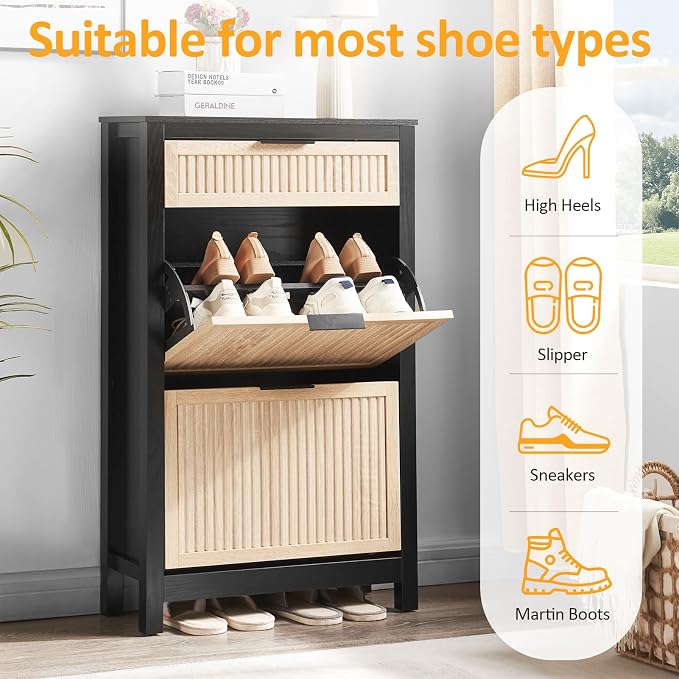 2 Flip Drawers Shoe Cabinet Storage for Entryway, Narrow Shoes Organizer Cabinet for Front Door Entrance, Hidden Wooden Hallway Shoe Rack(Oak&Black)