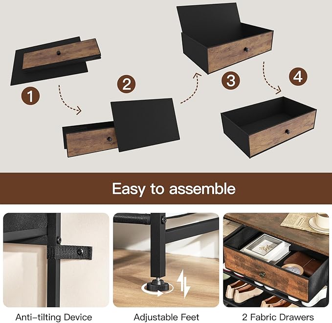 usikey Shoe Rack, 5 Tier Shoe Storage Organizer with 2 Drawers, Metal Shoe Shelf for 16-20 Pairs of Shoes, with 4 Oxford Fabric Shelves and Wooden Top, Shoe Stand for Closet, Entryway, Rustic Brown